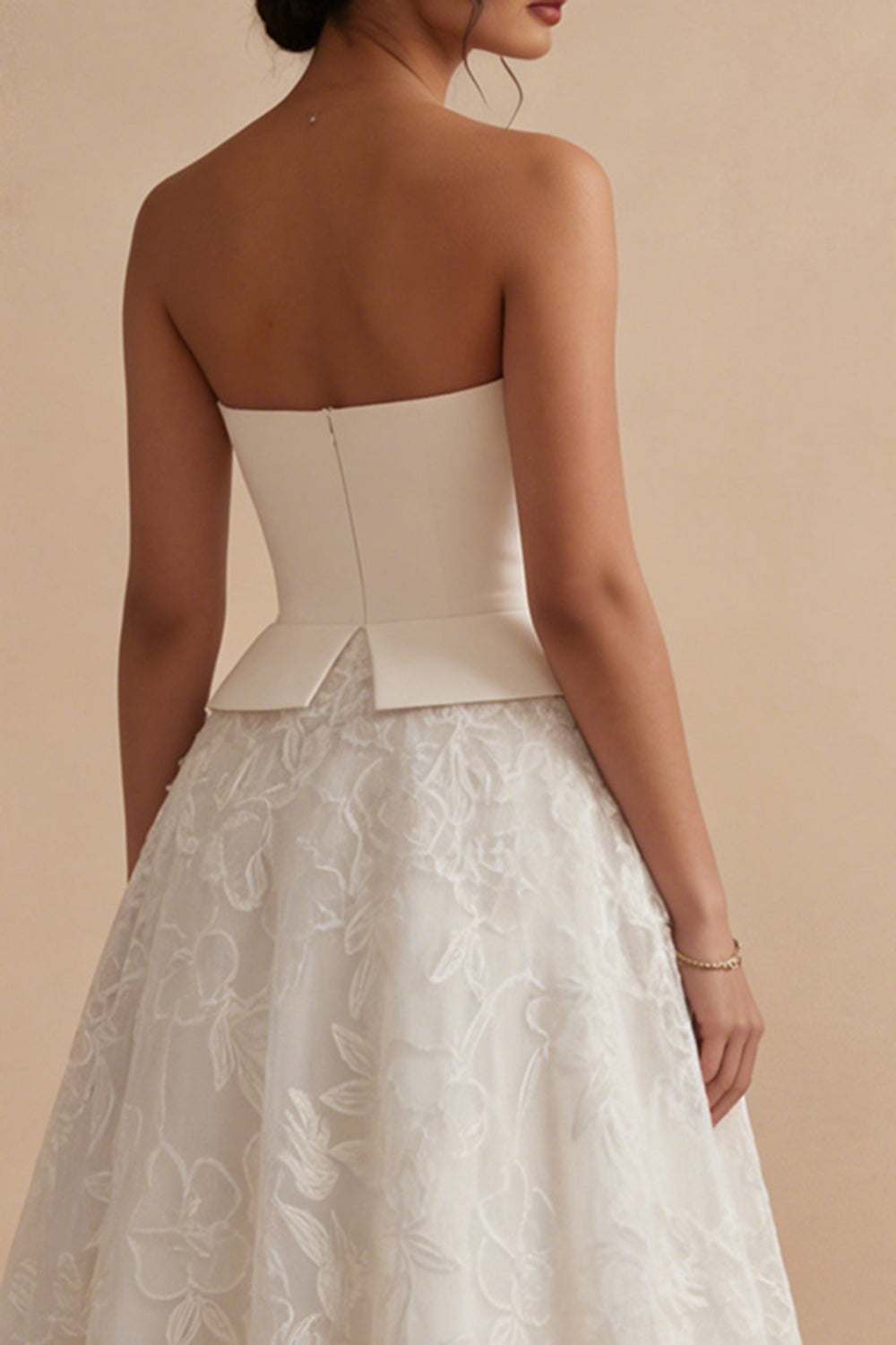 Strapless White Maxi Floral Lace A Line Boho Wedding Dress