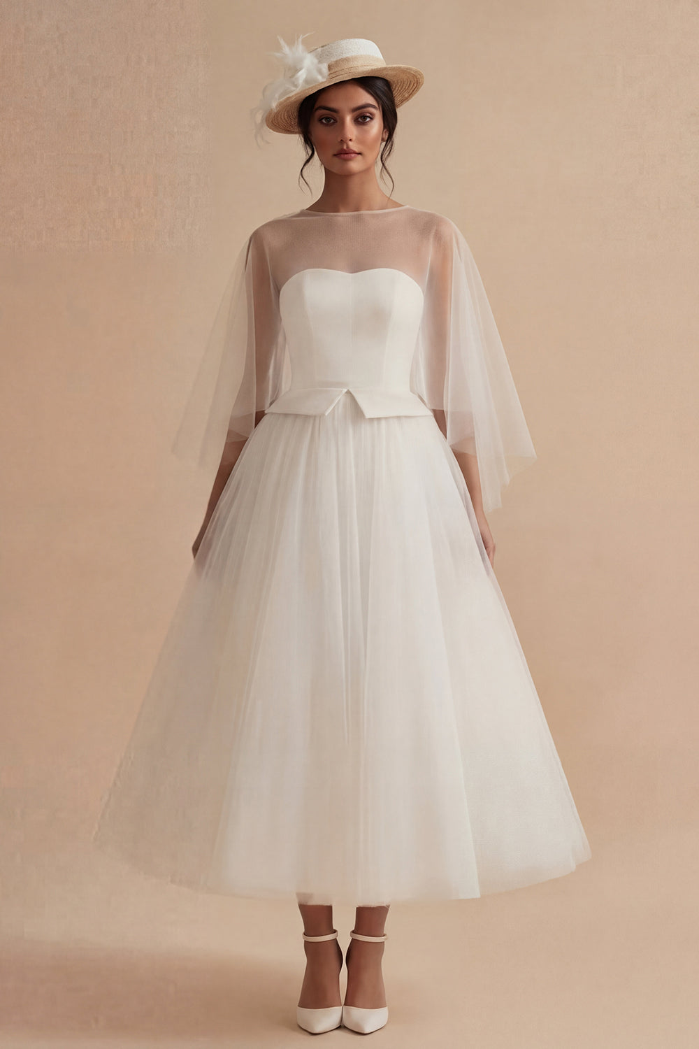 A Line Ilusion Bateau Neck White Maxi Boho Wedding Dress