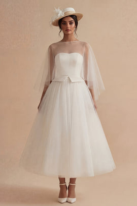 A Line Ilusion Bateau Neck White Maxi Boho Wedding Dress