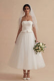 Maxi A Line Strapless White Boho Wedding Dress