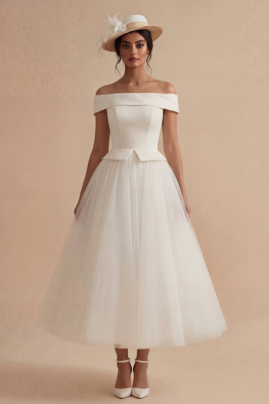 White Maxi Off the Shoulder A Line Boho Wedding Dress