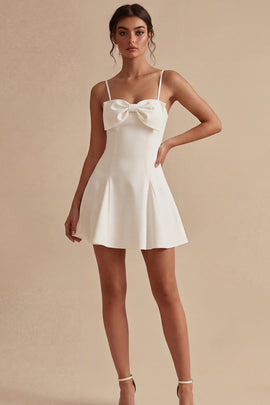 Spaghetti Straps Short A Line White Graduation Dress with Bow