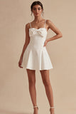 Spaghetti Straps Short A Line White Graduation Dress with Bow