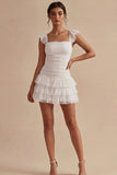 Square Neck White Short Ruched A Line Graduation Dress with Ruffles