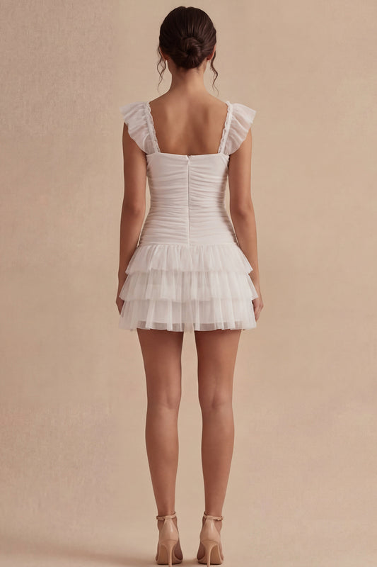 Square Neck White Short Ruched A Line Graduation Dress with Ruffles