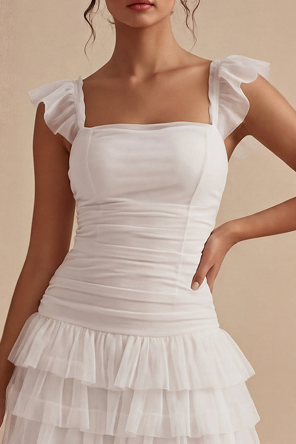 Square Neck White Short Ruched A Line Graduation Dress with Ruffles