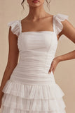 Square Neck White Short Ruched A Line Graduation Dress with Ruffles