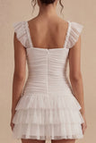 Square Neck White Short Ruched A Line Graduation Dress with Ruffles