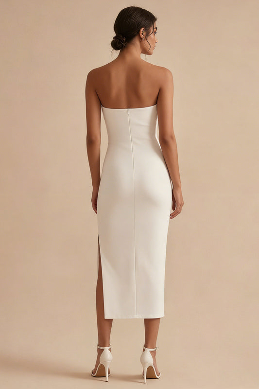 Strapless Maxi Bodycon White Engagement Dress with Slit