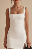 Tight Short Square Neck White Graduation Dress
