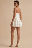 Short A Line Spaghetti Straps White Graduation Dress with Ruffles