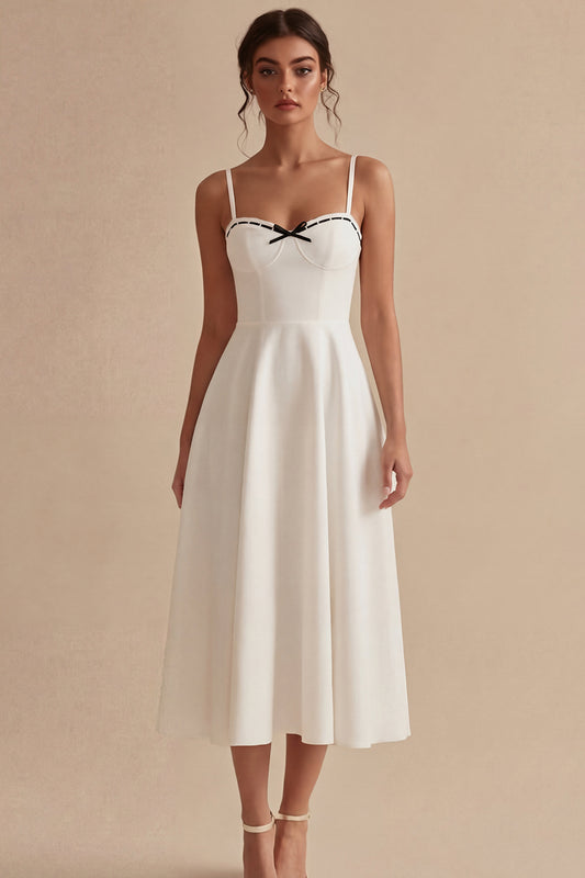 Maxi A Line Spaghetti Straps White Engagement Dress with Bow