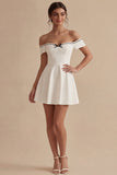 Off the Shoulder White Short A Line Graduation Dress with Bow