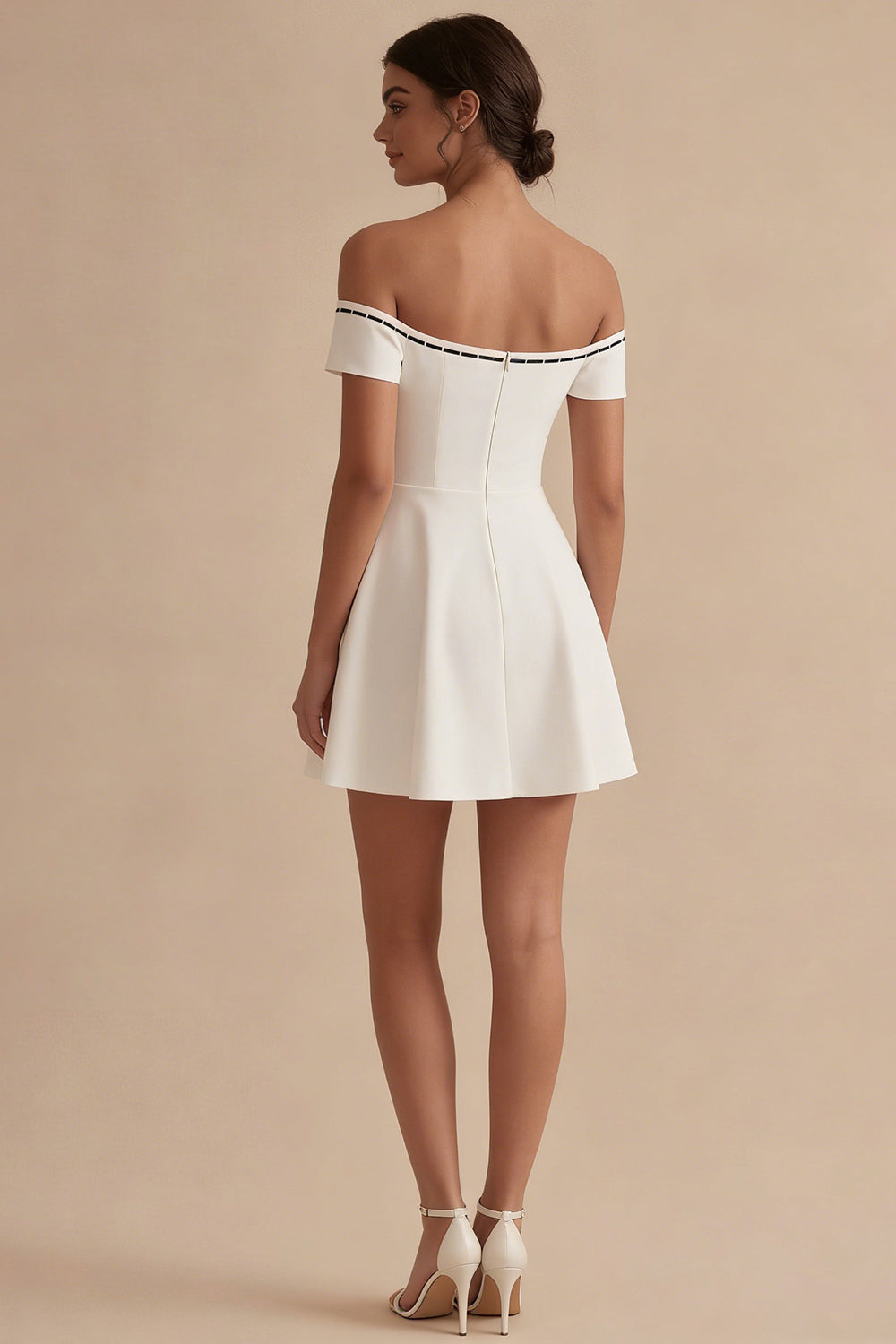 Off the Shoulder White Short A Line Graduation Dress with Bow