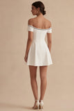 Off the Shoulder White Short A Line Graduation Dress with Bow
