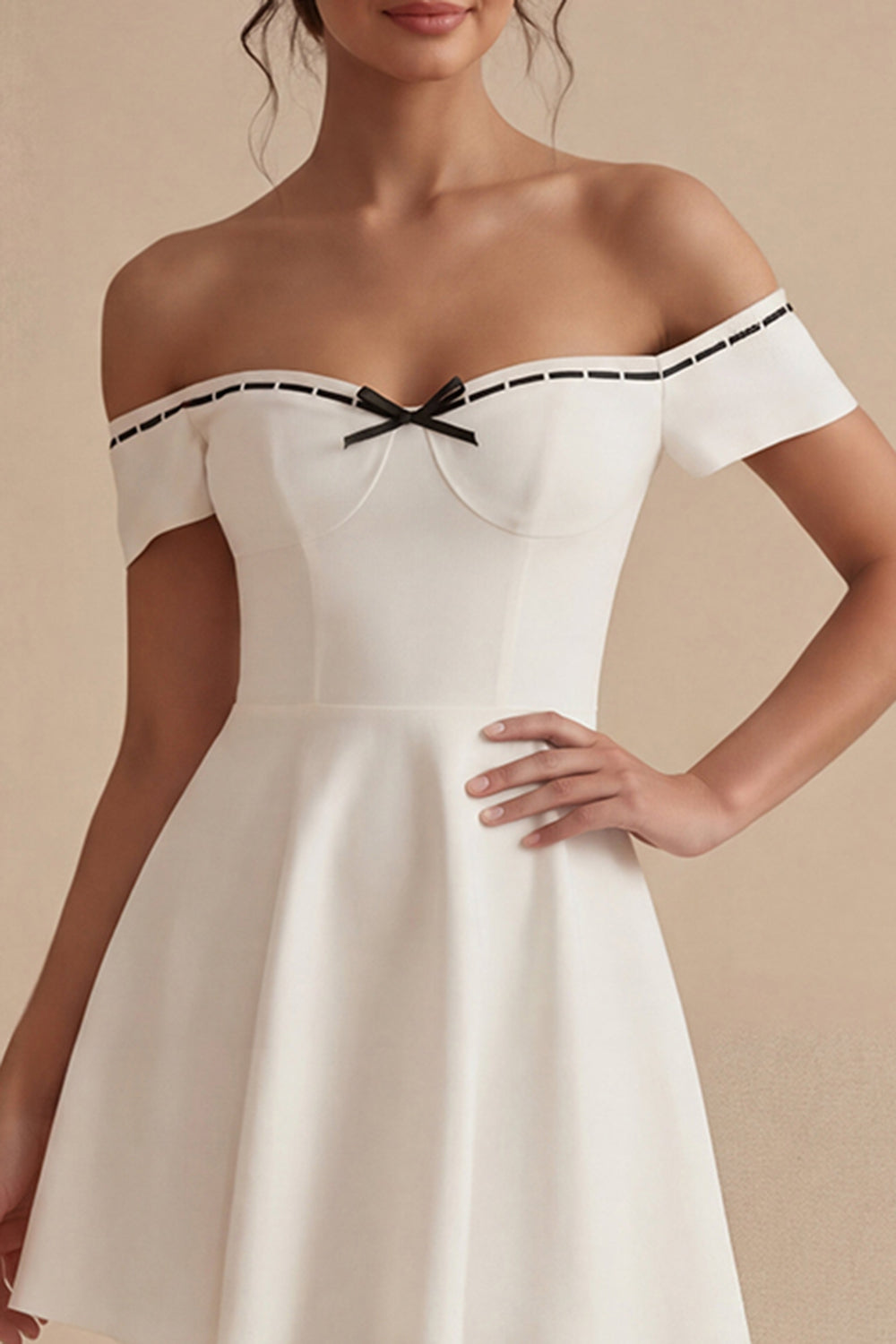 Off the Shoulder White Short A Line Graduation Dress with Bow