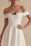 Off the Shoulder White Short A Line Graduation Dress with Bow