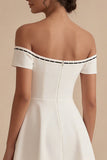 Off the Shoulder White Short A Line Graduation Dress with Bow