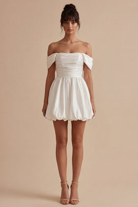 Ruched Off the Shoulder White Short A Line Graduation Dress