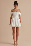 Ruched Off the Shoulder White Short A Line Graduation Dress