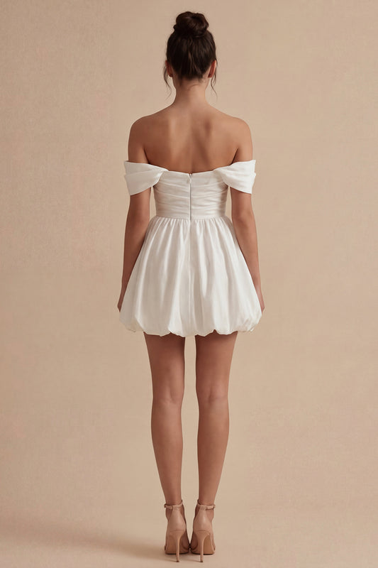 Ruched Off the Shoulder White Short A Line Graduation Dress