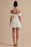 Ruched Off the Shoulder White Short A Line Graduation Dress