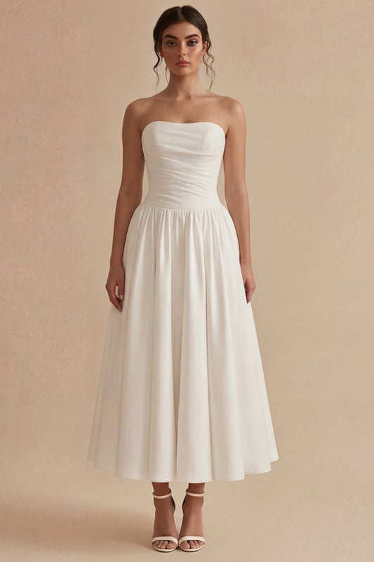 Maxi Strapless Ruched White A Line Beach Wedding Dress