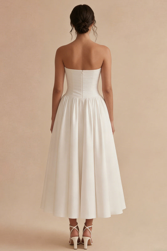 Maxi Strapless Ruched White A Line Beach Wedding Dress