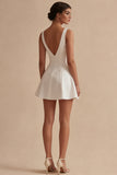 Short V-Neck A Line White Graduation Dress