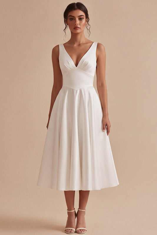 Simple Maxi A Line V-Neck White Wedding Dress