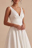 Simple Maxi A Line V-Neck White Wedding Dress
