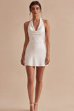 Halter Ruched Backless White Short Graduation Dress