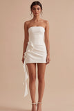Strapless Ruched White Tight Short Graduation Dress with Ruffles
