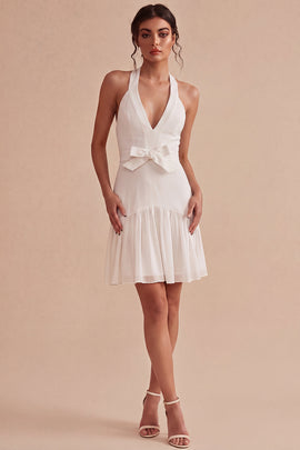 Simple Halter White Short A Line Graduation Dress with Bow