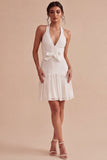 Simple Halter White Short A Line Graduation Dress with Bow