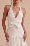 Simple Halter White Short A Line Graduation Dress with Bow