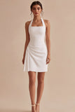Short Backless Halter Ruched White Graduation Dress