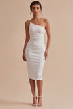 Bodycon Midi Glitter One Shoulder Ruched White Engagement Dress
