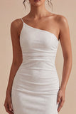 Bodycon Midi Glitter One Shoulder Ruched White Engagement Dress