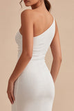 Bodycon Midi Glitter One Shoulder Ruched White Engagement Dress