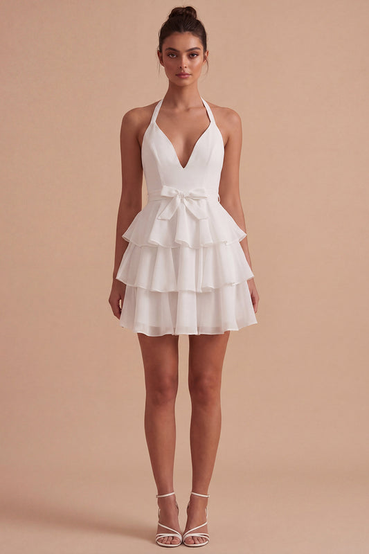 Ruffled Halter Backless White Short A Line Graduation Dress with Bow