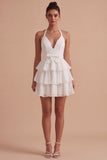 Ruffled Halter Backless White Short A Line Graduation Dress with Bow