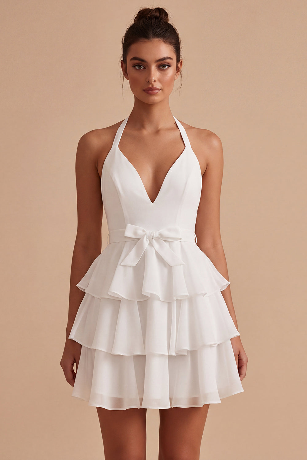Ruffled Halter Backless White Short A Line Graduation Dress with Bow