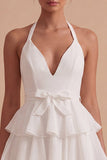 Ruffled Halter Backless White Short A Line Graduation Dress with Bow