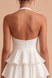 Ruffled Halter Backless White Short A Line Graduation Dress with Bow