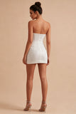 Strapless Ruched Sparkly White Tight Short Corset Sequin Graduation Dress