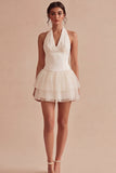 Halter Ruched White Short A Line Graduation Dress with Ruffles