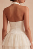 Halter Ruched White Short A Line Graduation Dress with Ruffles