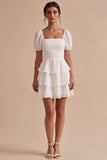 Short Sleeves White Short A Line Graduation Dress with Ruffles