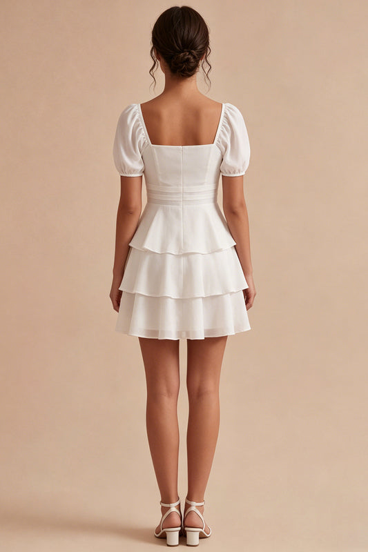 Short Sleeves White Short A Line Graduation Dress with Ruffles